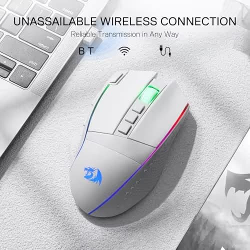 Redragon M991 Wireless Gaming Mouse, 26000 DPI 3-Mode Gamer Mice w/Rapid Fire Key, 9 Macro Buttons, Powerful Capacity and RGB Backlight for PC/Mac/Laptop, White image