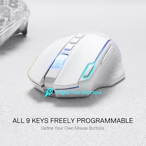 Redragon M991 Wireless Gaming Mouse, 26000 DPI 3-Mode Gamer Mice w/Rapid Fire Key, 9 Macro Buttons, Powerful Capacity and RGB Backlight for PC/Mac/Laptop, White image