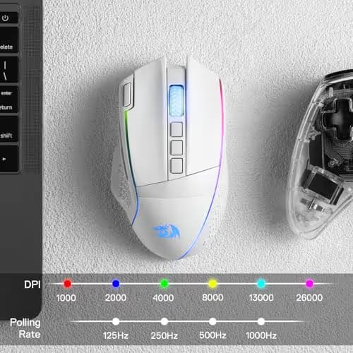 Redragon M991 Wireless Gaming Mouse, 26000 DPI 3-Mode Gamer Mice w/Rapid Fire Key, 9 Macro Buttons, Powerful Capacity and RGB Backlight for PC/Mac/Laptop, White image