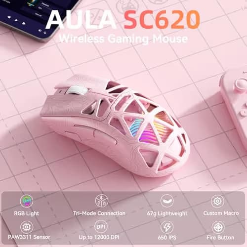 Aula SC620 Wireless Gaming Mouse, Tri-Mode 2.4GHz/USB-C/BT5.3 Computer Mouse with 12000 DPI, Programmable Macro Gamer Mouse with Rapid Fire Key, RGB Light Gaming Mice for PC/Laptop/Mac (Line Pink) image