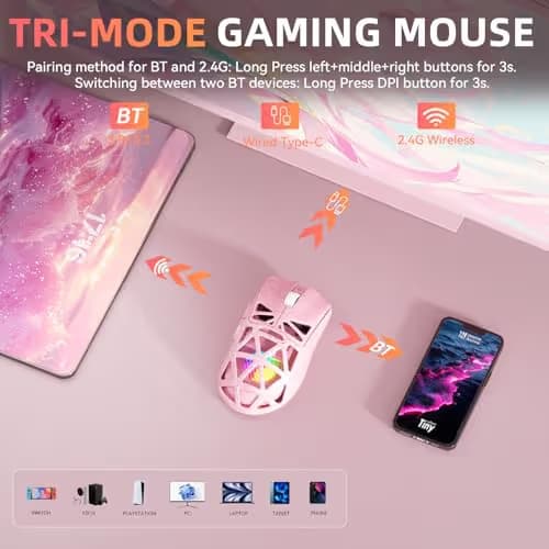Aula SC620 Wireless Gaming Mouse, Tri-Mode 2.4GHz/USB-C/BT5.3 Computer Mouse with 12000 DPI, Programmable Macro Gamer Mouse with Rapid Fire Key, RGB Light Gaming Mice for PC/Laptop/Mac (Line Pink) image