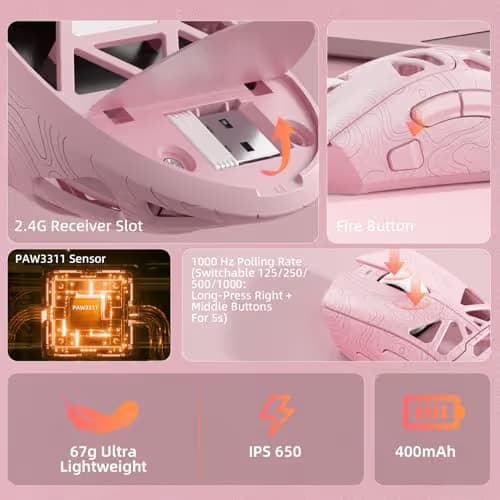 Aula SC620 Wireless Gaming Mouse, Tri-Mode 2.4GHz/USB-C/BT5.3 Computer Mouse with 12000 DPI, Programmable Macro Gamer Mouse with Rapid Fire Key, RGB Light Gaming Mice for PC/Laptop/Mac (Line Pink) image