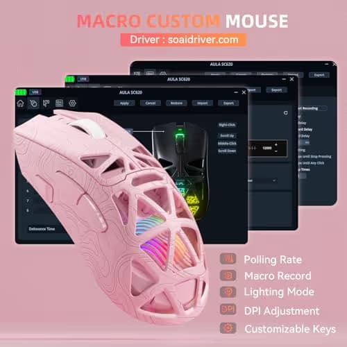 Aula SC620 Wireless Gaming Mouse, Tri-Mode 2.4GHz/USB-C/BT5.3 Computer Mouse with 12000 DPI, Programmable Macro Gamer Mouse with Rapid Fire Key, RGB Light Gaming Mice for PC/Laptop/Mac (Line Pink) image