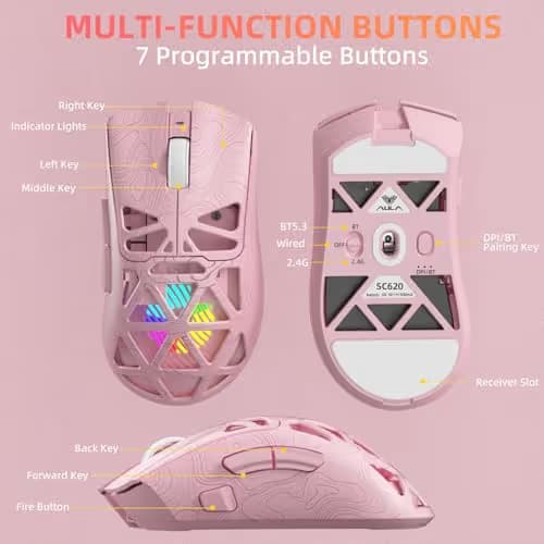 Aula SC620 Wireless Gaming Mouse, Tri-Mode 2.4GHz/USB-C/BT5.3 Computer Mouse with 12000 DPI, Programmable Macro Gamer Mouse with Rapid Fire Key, RGB Light Gaming Mice for PC/Laptop/Mac (Line Pink) image
