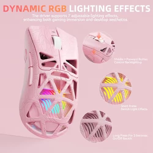 Aula SC620 Wireless Gaming Mouse, Tri-Mode 2.4GHz/USB-C/BT5.3 Computer Mouse with 12000 DPI, Programmable Macro Gamer Mouse with Rapid Fire Key, RGB Light Gaming Mice for PC/Laptop/Mac (Line Pink) image