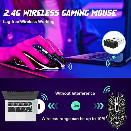 LuLabboard Wireless Gaming Mouse, Rechargeable Wireless Computer Mouse, 7-Color LED Light, Ergonomic Mouse with 6 Silent Click Buttons, 3 Adjustable 2400 DPI Wireless Mouse for Laptop,PC,Mac, Black image