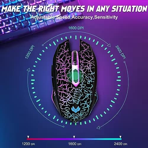 LuLabboard Wireless Gaming Mouse, Rechargeable Wireless Computer Mouse, 7-Color LED Light, Ergonomic Mouse with 6 Silent Click Buttons, 3 Adjustable 2400 DPI Wireless Mouse for Laptop,PC,Mac, Black image