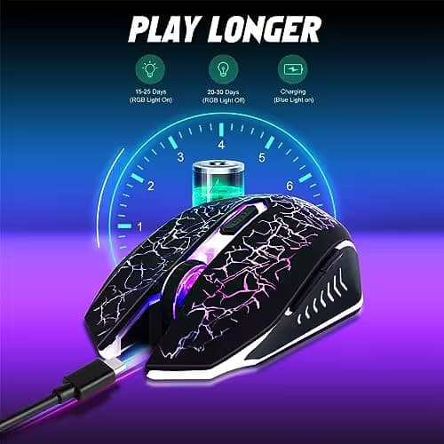 LuLabboard Wireless Gaming Mouse, Rechargeable Wireless Computer Mouse, 7-Color LED Light, Ergonomic Mouse with 6 Silent Click Buttons, 3 Adjustable 2400 DPI Wireless Mouse for Laptop,PC,Mac, Black image