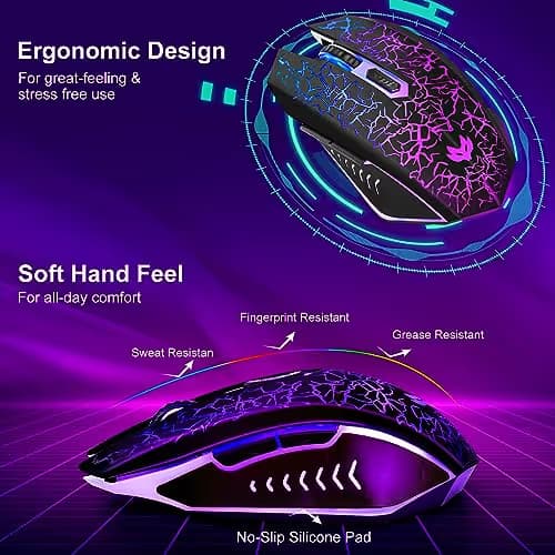 LuLabboard Wireless Gaming Mouse, Rechargeable Wireless Computer Mouse, 7-Color LED Light, Ergonomic Mouse with 6 Silent Click Buttons, 3 Adjustable 2400 DPI Wireless Mouse for Laptop,PC,Mac, Black image