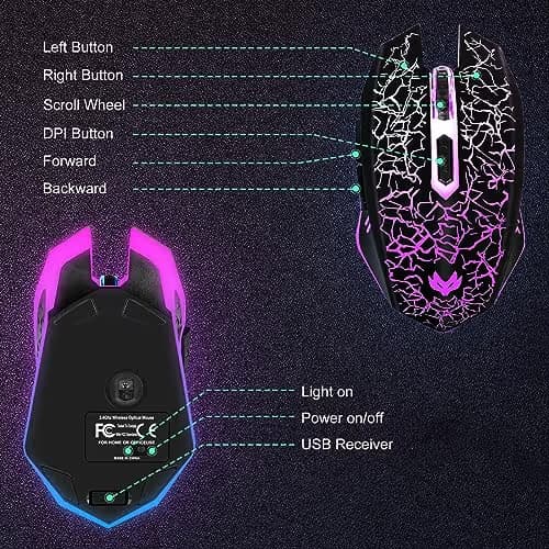 LuLabboard Wireless Gaming Mouse, Rechargeable Wireless Computer Mouse, 7-Color LED Light, Ergonomic Mouse with 6 Silent Click Buttons, 3 Adjustable 2400 DPI Wireless Mouse for Laptop,PC,Mac, Black image