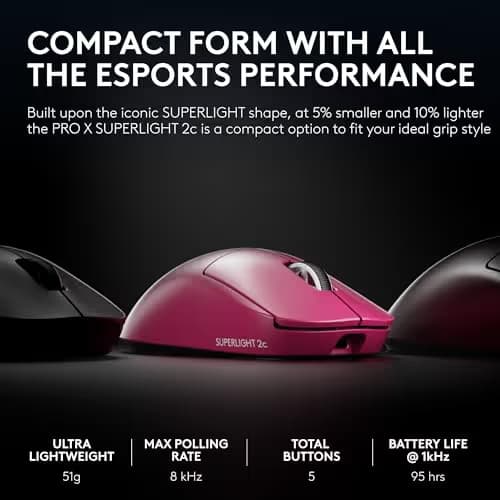 Pro X Superlight 2c Wireless Gaming Mouse: 51g Compact Mini Size, Symmetrical Shape, <8 kHz Polling, 44K DPI, PowerPlay Wireless Charging Supported, USB-C, 5 Programmable Buttons, For PC/Mac - Magenta image