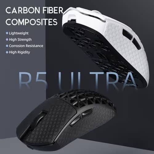 R5Ultra 8K Carbon Fiber Wireless Gaming Mouse with 42,000 DPI -PAW3950 MAX Sensor -Nordic 52840 MCU Chip-39g Ultra-Lightweight -Wired/BT/2.4GHz Wireless Programmable Mice Griptape for PC/Mac(White) image
