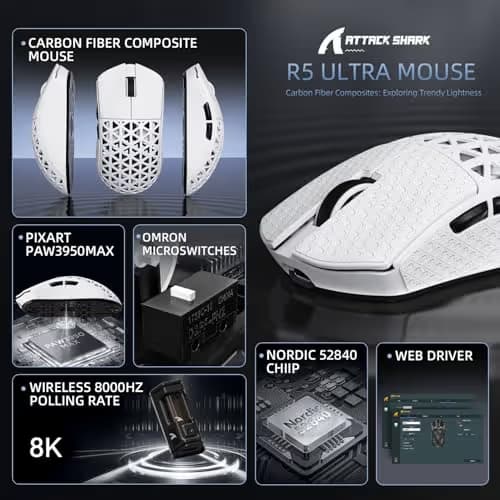 R5Ultra 8K Carbon Fiber Wireless Gaming Mouse with 42,000 DPI -PAW3950 MAX Sensor -Nordic 52840 MCU Chip-39g Ultra-Lightweight -Wired/BT/2.4GHz Wireless Programmable Mice Griptape for PC/Mac(White) image