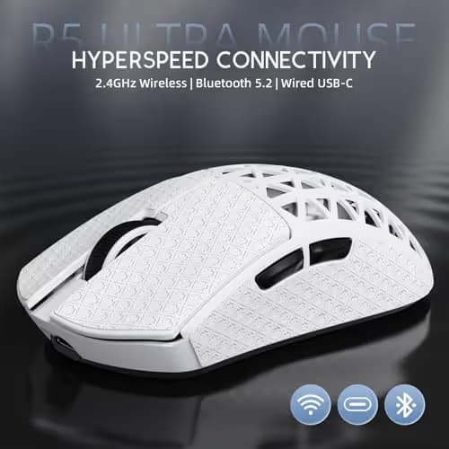 R5Ultra 8K Carbon Fiber Wireless Gaming Mouse with 42,000 DPI -PAW3950 MAX Sensor -Nordic 52840 MCU Chip-39g Ultra-Lightweight -Wired/BT/2.4GHz Wireless Programmable Mice Griptape for PC/Mac(White) image
