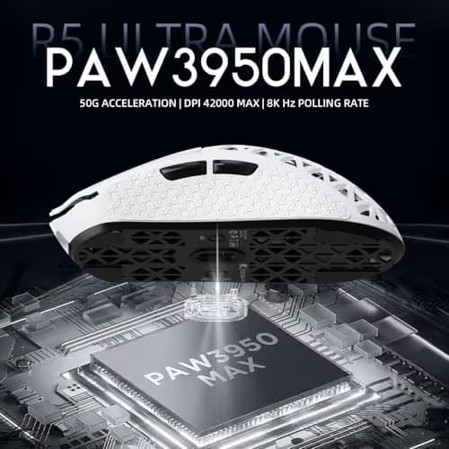 R5Ultra 8K Carbon Fiber Wireless Gaming Mouse with 42,000 DPI -PAW3950 MAX Sensor -Nordic 52840 MCU Chip-39g Ultra-Lightweight -Wired/BT/2.4GHz Wireless Programmable Mice Griptape for PC/Mac(White) image