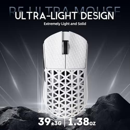 R5Ultra 8K Carbon Fiber Wireless Gaming Mouse with 42,000 DPI -PAW3950 MAX Sensor -Nordic 52840 MCU Chip-39g Ultra-Lightweight -Wired/BT/2.4GHz Wireless Programmable Mice Griptape for PC/Mac(White) image