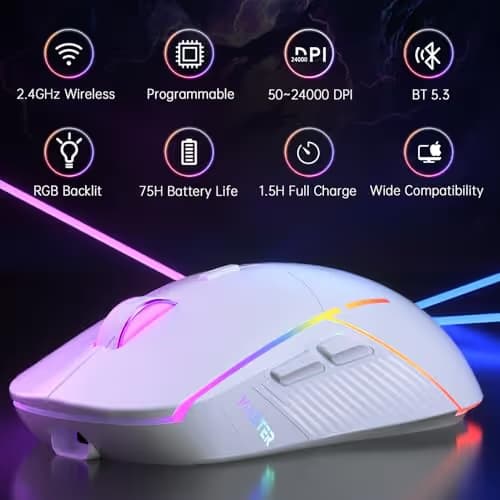 FFJ Wireless Gaming Mouse, 24000 DPI, Tri-Mode 2.4G/USB-C/Bluetooth 5.3 Gaming Mouse Wireless, RGB Programmable Mouse Gamer, 75Hrs Battery Life, Rechargeable Gaming Mice for PC, Mac, PS5, Xbox - White image