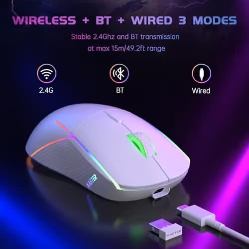 FFJ Wireless Gaming Mouse, 24000 DPI, Tri-Mode 2.4G/USB-C/Bluetooth 5.3 Gaming Mouse Wireless, RGB Programmable Mouse Gamer, 75Hrs Battery Life, Rechargeable Gaming Mice for PC, Mac, PS5, Xbox - White image
