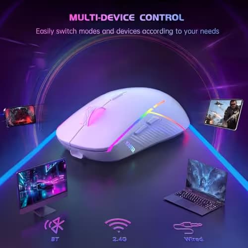 FFJ Wireless Gaming Mouse, 24000 DPI, Tri-Mode 2.4G/USB-C/Bluetooth 5.3 Gaming Mouse Wireless, RGB Programmable Mouse Gamer, 75Hrs Battery Life, Rechargeable Gaming Mice for PC, Mac, PS5, Xbox - White image