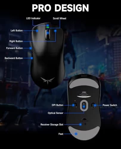 VGN Dragonfly F1 MOBA Wireless Gaming Mouse, 55g Ultralight, PAW3395 26K DPI Optical Sensor, Optimized Tactile Click Feel, Anti-Slip Silver Coating Grip, 4000Hz Polling Supported, Esports Mouse, Black image