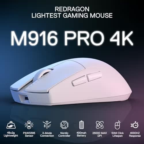 Redragon M916 PRO 3-Mode Wireless Gaming Mouse, Hype-Speed 4K Polling Rate, 49G Ultra-Light 26K DPI Mouse w/Ergonomic Natural Grip Build, Redefinable Macro Buttons, Software Supported image