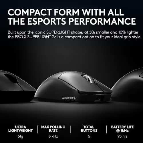 Pro X Superlight 2c Wireless Gaming Mouse: 51g Compact Mini Size, Symmetrical Shape, <8 kHz Polling, 44K DPI, PowerPlay Wireless Charging Supported, USB-C, 5 Programmable Buttons, For PC/Mac - Black image
