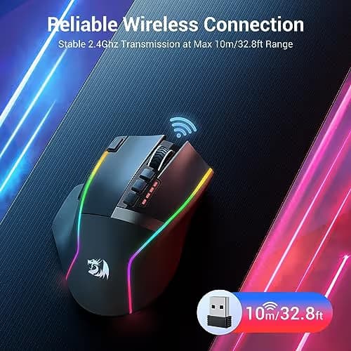 Redragon Wireless Gaming Mouse, Ergonomic Mouse 16000 DPI with Rapid Fire Key, 9 Macro Buttons, 170-Hour Durable Power Capacity and RGB Backlight Wired/Wireless Mouse for Laptop/Mac/PC image