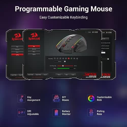 Redragon Wireless Gaming Mouse, Ergonomic Mouse 16000 DPI with Rapid Fire Key, 9 Macro Buttons, 170-Hour Durable Power Capacity and RGB Backlight Wired/Wireless Mouse for Laptop/Mac/PC image