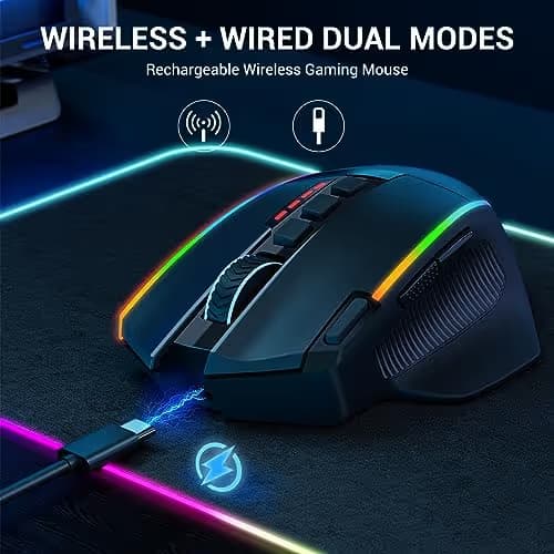 Redragon Wireless Gaming Mouse, Ergonomic Mouse 16000 DPI with Rapid Fire Key, 9 Macro Buttons, 170-Hour Durable Power Capacity and RGB Backlight Wired/Wireless Mouse for Laptop/Mac/PC image