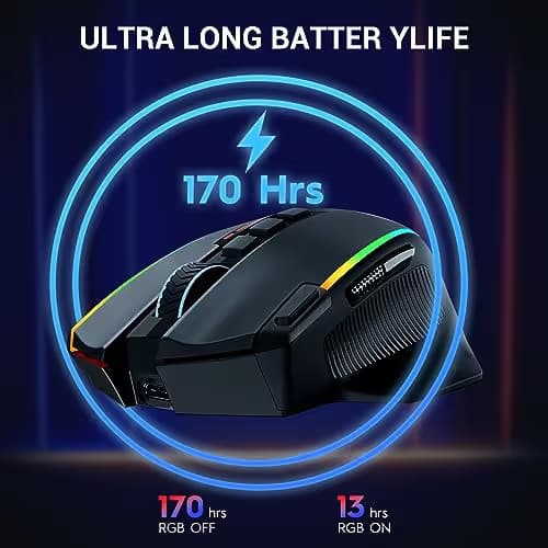 Redragon Wireless Gaming Mouse, Ergonomic Mouse 16000 DPI with Rapid Fire Key, 9 Macro Buttons, 170-Hour Durable Power Capacity and RGB Backlight Wired/Wireless Mouse for Laptop/Mac/PC image