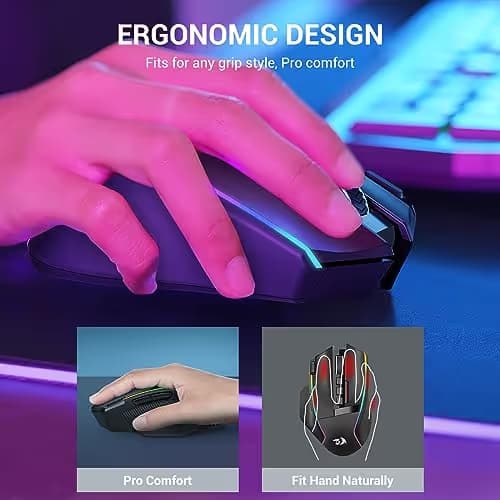 Redragon Wireless Gaming Mouse, Ergonomic Mouse 16000 DPI with Rapid Fire Key, 9 Macro Buttons, 170-Hour Durable Power Capacity and RGB Backlight Wired/Wireless Mouse for Laptop/Mac/PC image