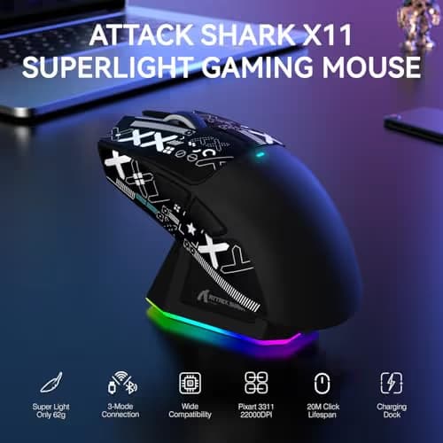 ATTACK SHARK X11 Lightweight Wireless Gaming Mouse with RGB Charging Dock,Tri-Mode-2.4G/USB-C Wired/BT,22K DPI,PAW3311 Optical Sensor,HUYU Switch, 5 programmable Buttons for PC/Mac(Black&Sticker) image