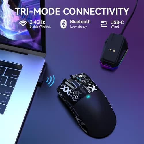 ATTACK SHARK X11 Lightweight Wireless Gaming Mouse with RGB Charging Dock,Tri-Mode-2.4G/USB-C Wired/BT,22K DPI,PAW3311 Optical Sensor,HUYU Switch, 5 programmable Buttons for PC/Mac(Black&Sticker) image