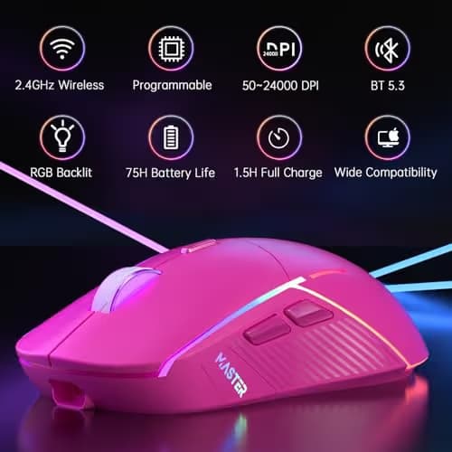 FFJ Wireless Gaming Mouse, 24000 DPI, Tri-Mode 2.4G/USB-C/Bluetooth 5.3 Gaming Mouse Wireless, RGB Programmable Mouse Gamer, 75Hrs Battery Life, Rechargeable Gaming Mice for PC, Mac, PS5, Xbox-Magenta image