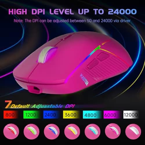 FFJ Wireless Gaming Mouse, 24000 DPI, Tri-Mode 2.4G/USB-C/Bluetooth 5.3 Gaming Mouse Wireless, RGB Programmable Mouse Gamer, 75Hrs Battery Life, Rechargeable Gaming Mice for PC, Mac, PS5, Xbox-Magenta image