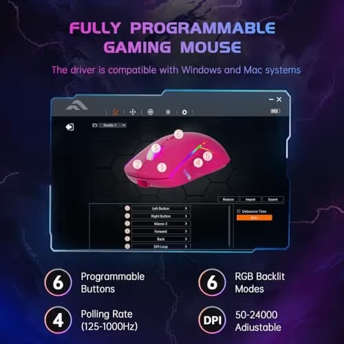 FFJ Wireless Gaming Mouse, 24000 DPI, Tri-Mode 2.4G/USB-C/Bluetooth 5.3 Gaming Mouse Wireless, RGB Programmable Mouse Gamer, 75Hrs Battery Life, Rechargeable Gaming Mice for PC, Mac, PS5, Xbox-Magenta image