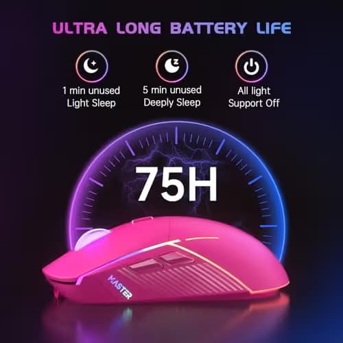 FFJ Wireless Gaming Mouse, 24000 DPI, Tri-Mode 2.4G/USB-C/Bluetooth 5.3 Gaming Mouse Wireless, RGB Programmable Mouse Gamer, 75Hrs Battery Life, Rechargeable Gaming Mice for PC, Mac, PS5, Xbox-Magenta image