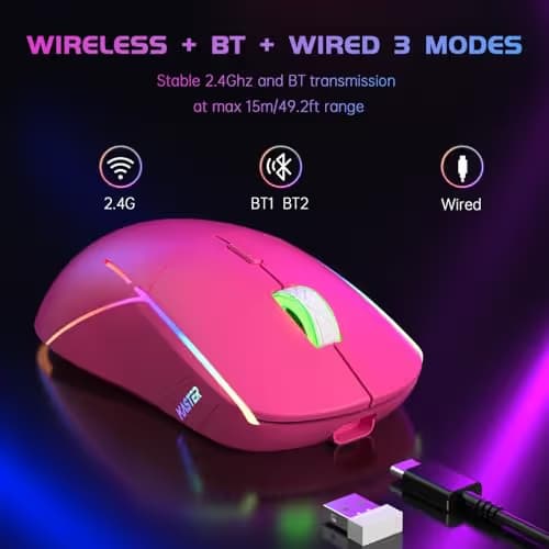 FFJ Wireless Gaming Mouse, 24000 DPI, Tri-Mode 2.4G/USB-C/Bluetooth 5.3 Gaming Mouse Wireless, RGB Programmable Mouse Gamer, 75Hrs Battery Life, Rechargeable Gaming Mice for PC, Mac, PS5, Xbox-Magenta image