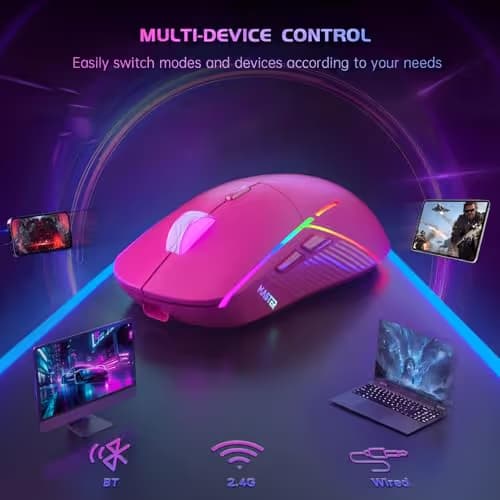 FFJ Wireless Gaming Mouse, 24000 DPI, Tri-Mode 2.4G/USB-C/Bluetooth 5.3 Gaming Mouse Wireless, RGB Programmable Mouse Gamer, 75Hrs Battery Life, Rechargeable Gaming Mice for PC, Mac, PS5, Xbox-Magenta image