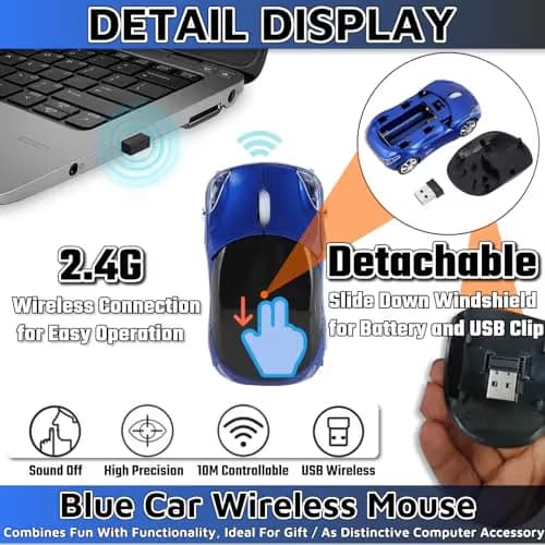 HuGuWdy Blue Cute Wireless Mouse，2.4G with USB Reciver 1600DPI Car Mouse for Computer Laptop Tablet for Windows for Mac OS for Christmas（Blue） image