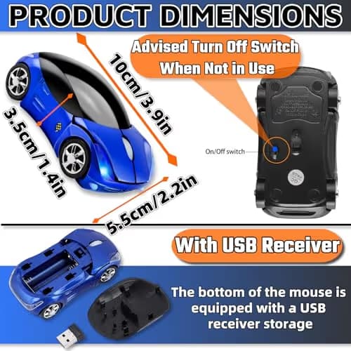 HuGuWdy Blue Cute Wireless Mouse，2.4G with USB Reciver 1600DPI Car Mouse for Computer Laptop Tablet for Windows for Mac OS for Christmas（Blue） image