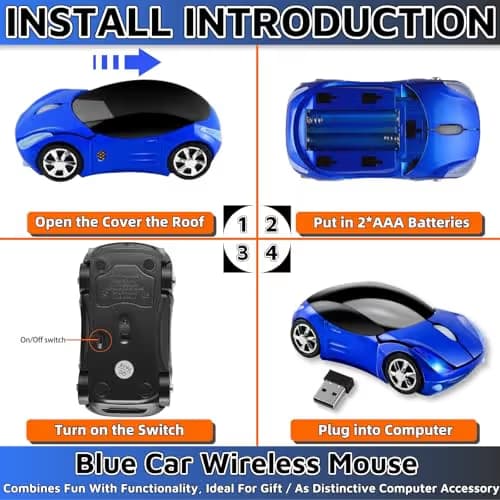 HuGuWdy Blue Cute Wireless Mouse，2.4G with USB Reciver 1600DPI Car Mouse for Computer Laptop Tablet for Windows for Mac OS for Christmas（Blue） image