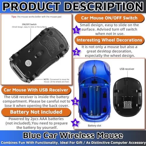 HuGuWdy Blue Cute Wireless Mouse，2.4G with USB Reciver 1600DPI Car Mouse for Computer Laptop Tablet for Windows for Mac OS for Christmas（Blue） image