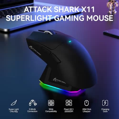 ATTACK SHARK X11 Lightweight Wireless Gaming Mouse with RGB Charging Dock,Tri-Mode-2.4G/USB-C Wired/BT,22K DPI,PAW3311 Optical Sensor,HUYU Switch, 5 programmable Buttons for PC/Mac(Black) image