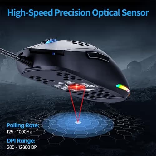 TMKB Falcon M1SE Ultralight Honeycomb Gaming Mouse, High-Precision 12800DPI Optical Sensor, 6 Programmable Buttons, Customizable RGB, Drag-Free Paracord, Ergonomic Wired Gaming Mouse - Matte Black image