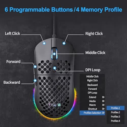 TMKB Falcon M1SE Ultralight Honeycomb Gaming Mouse, High-Precision 12800DPI Optical Sensor, 6 Programmable Buttons, Customizable RGB, Drag-Free Paracord, Ergonomic Wired Gaming Mouse - Matte Black image