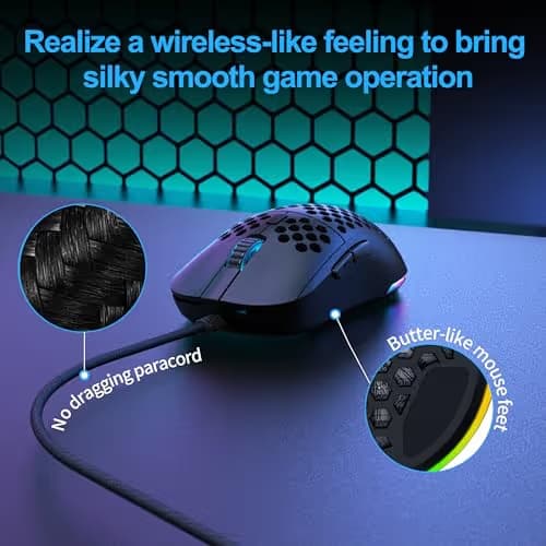TMKB Falcon M1SE Ultralight Honeycomb Gaming Mouse, High-Precision 12800DPI Optical Sensor, 6 Programmable Buttons, Customizable RGB, Drag-Free Paracord, Ergonomic Wired Gaming Mouse - Matte Black image