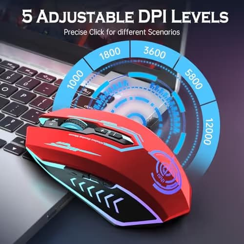UHURU Gaming Mouse, Wireless Gaming Mouse with 7 Buttons 7 Changeable LED Color up to 12000 DPI, Rechargeable USB Gamer Mouse for PC Laptop (Red) image