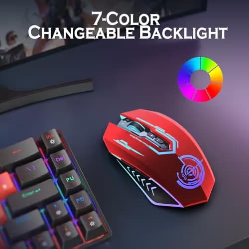 UHURU Gaming Mouse, Wireless Gaming Mouse with 7 Buttons 7 Changeable LED Color up to 12000 DPI, Rechargeable USB Gamer Mouse for PC Laptop (Red) image