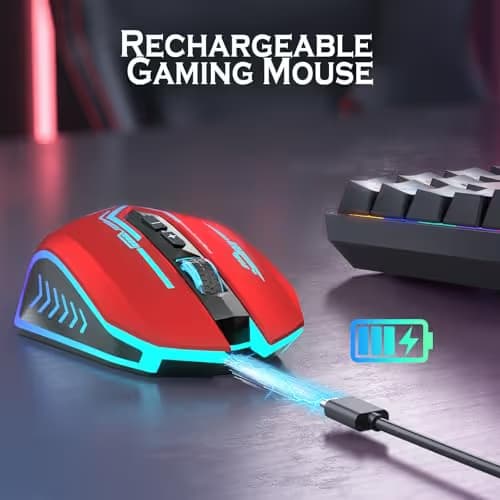 UHURU Gaming Mouse, Wireless Gaming Mouse with 7 Buttons 7 Changeable LED Color up to 12000 DPI, Rechargeable USB Gamer Mouse for PC Laptop (Red) image